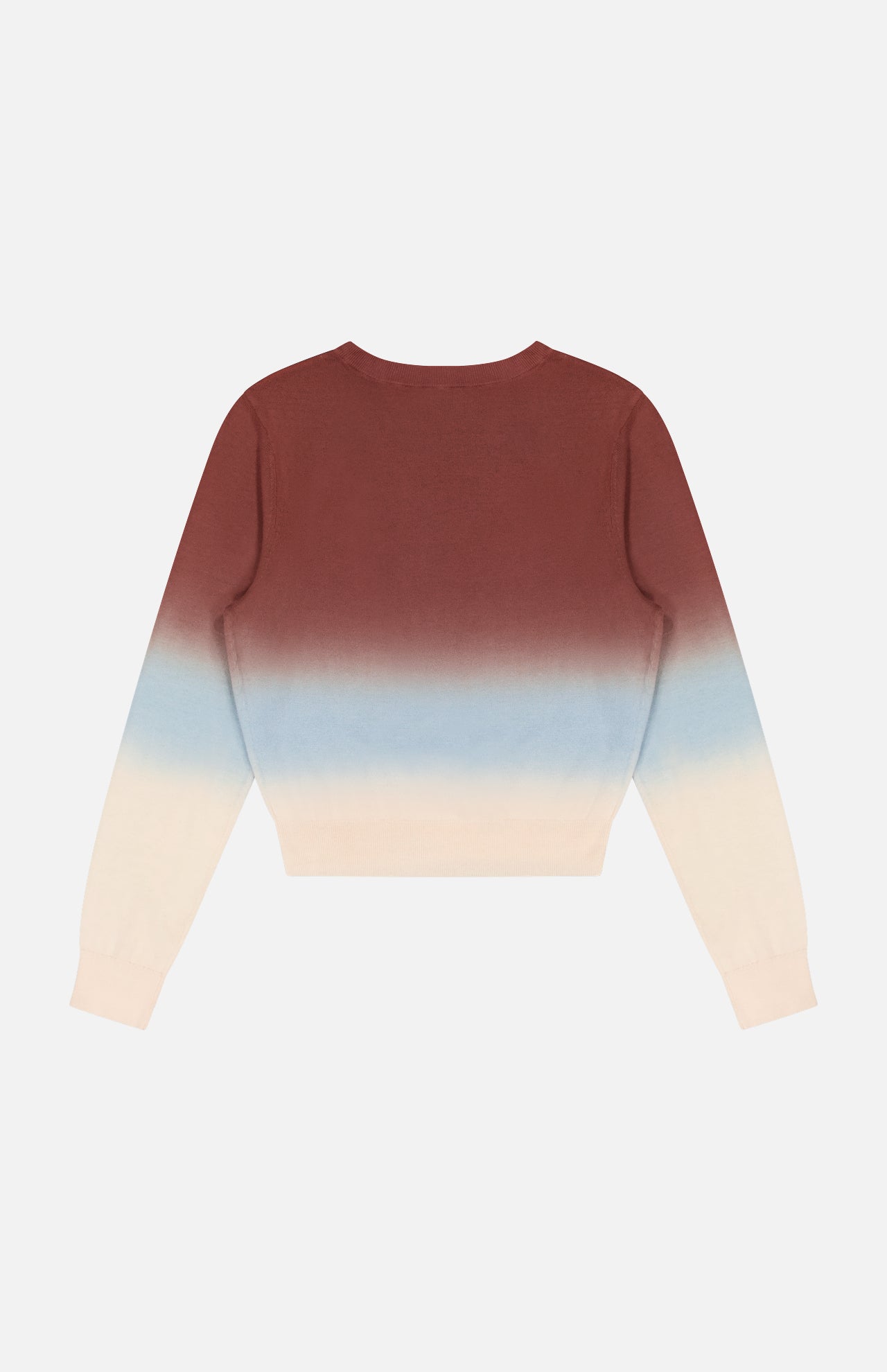 The Crew Neck Ombre Jumper Sweatshirt by MOTHER features long sleeves and a cotton build, with an ombré fade from deep burgundy to light blue to cream, displayed from the back on a plain white background.