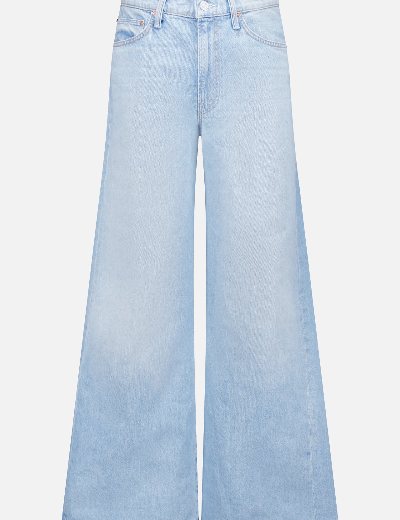 The Ditcher Roller Jeans in Few & Far Between by MOTHER are light blue, 70s-inspired high-rise jeans with a button and zip closure, front and back pockets, faded wash, and wide flared legs for a retro-modern vibe.