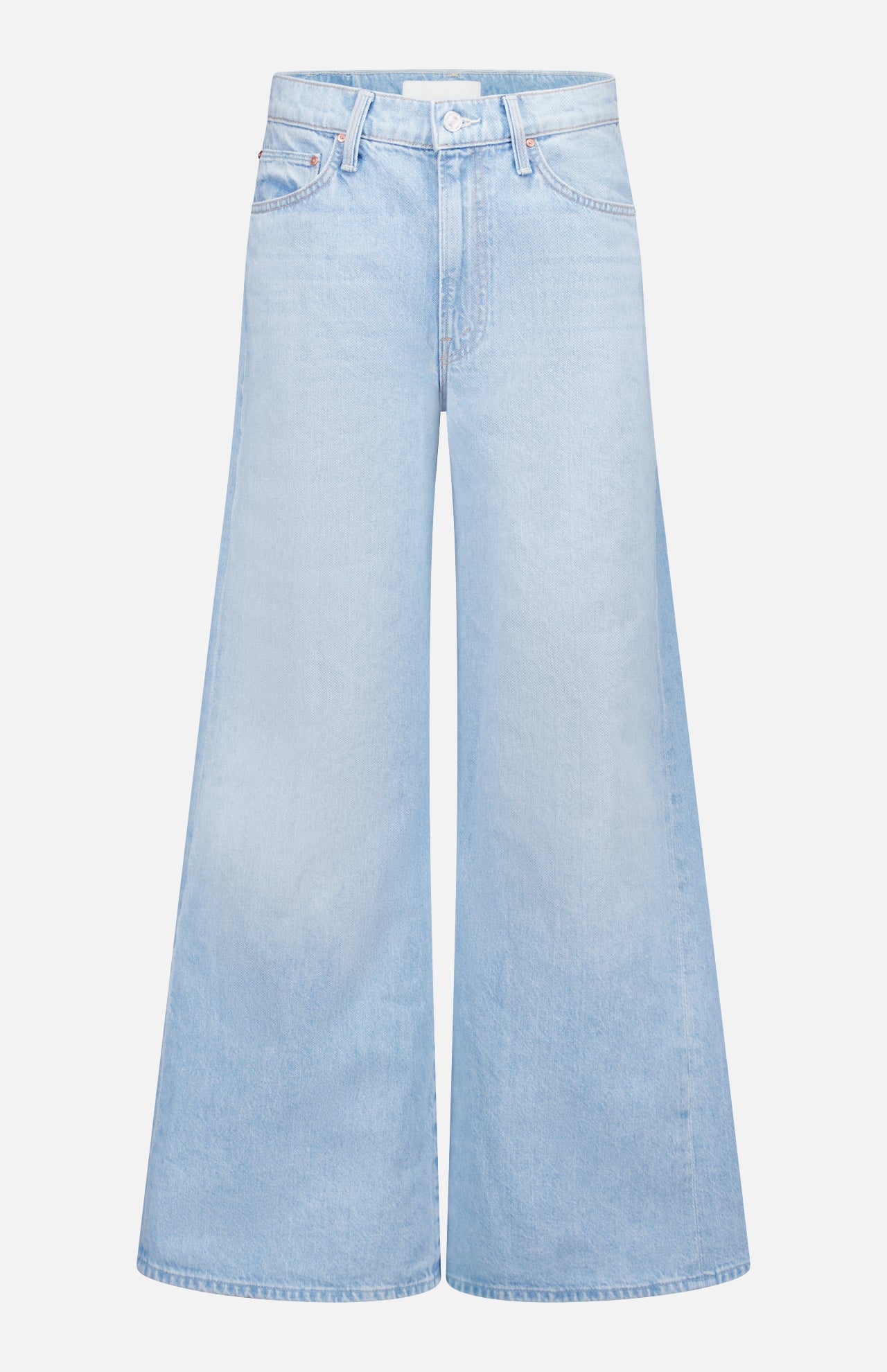 The Ditcher Roller Jeans in Few & Far Between by MOTHER are light blue, 70s-inspired high-rise jeans with a button and zip closure, front and back pockets, faded wash, and wide flared legs for a retro-modern vibe.