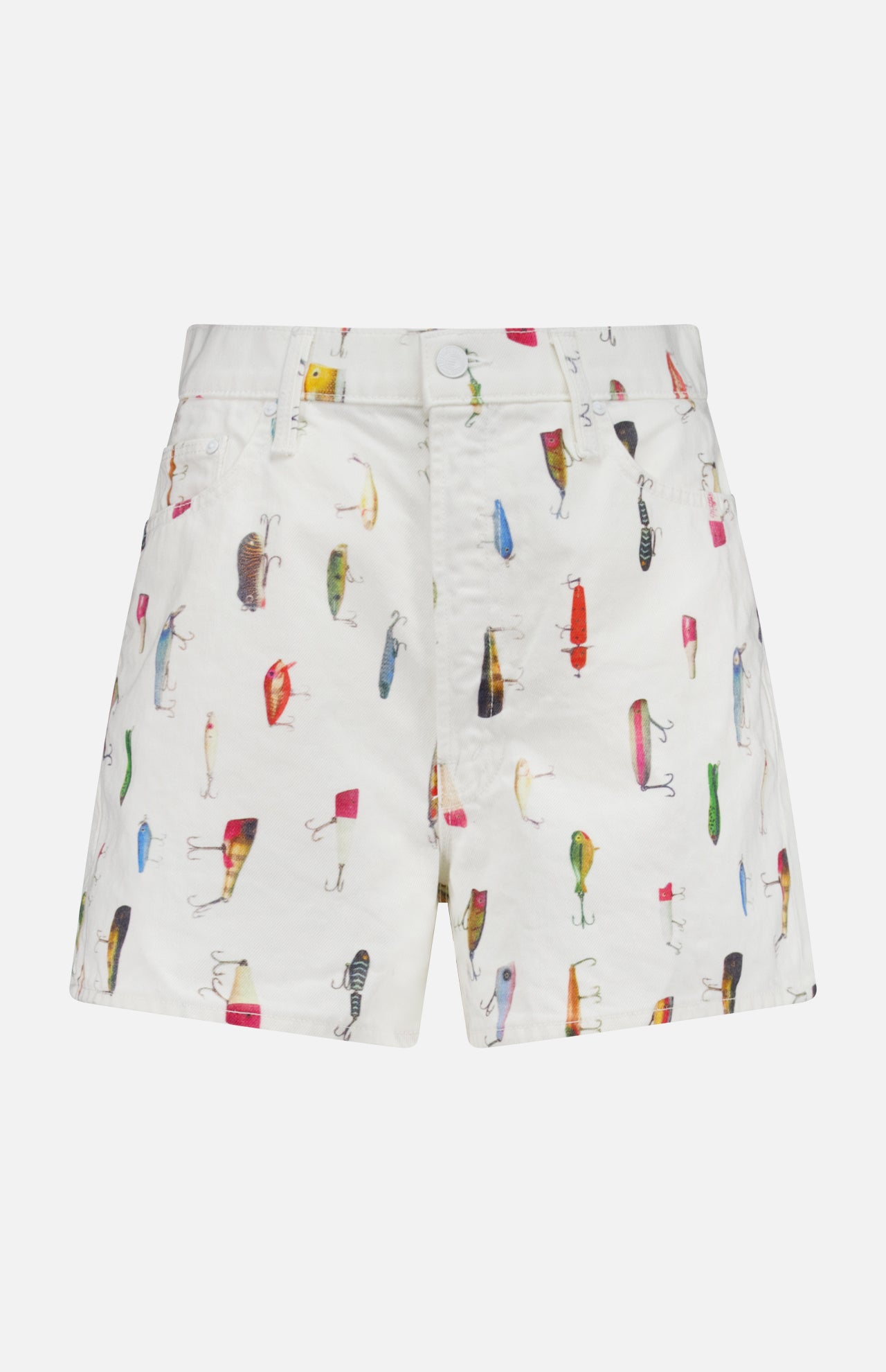 The Dodge Ball Fishing Lure Shorts by MOTHER are cream high-waisted shorts with a playful print of illustrated fishing lures, plus front pockets, a button, and a zipper.