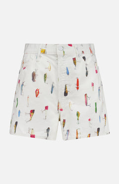 The Dodge Ball Fishing Lure Shorts by MOTHER are cream high-waisted shorts with a playful print of illustrated fishing lures, plus front pockets, a button, and a zipper.