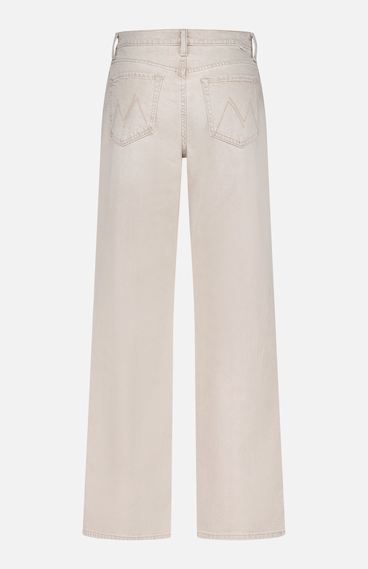 Back view of The Dodger Slouchy Fit Sneak Pants by MOTHER in light beige, featuring an oversized slouchy fit, two back pockets with stitched M detail, belt loops, and a straight hem.