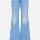 The Doozy Jean in Room Service by MOTHER features a light blue wash, high-waisted fit, flared wide leg, faded thighs, classic five-pocket design, and a button-and-zip closure inspired by vintage style.