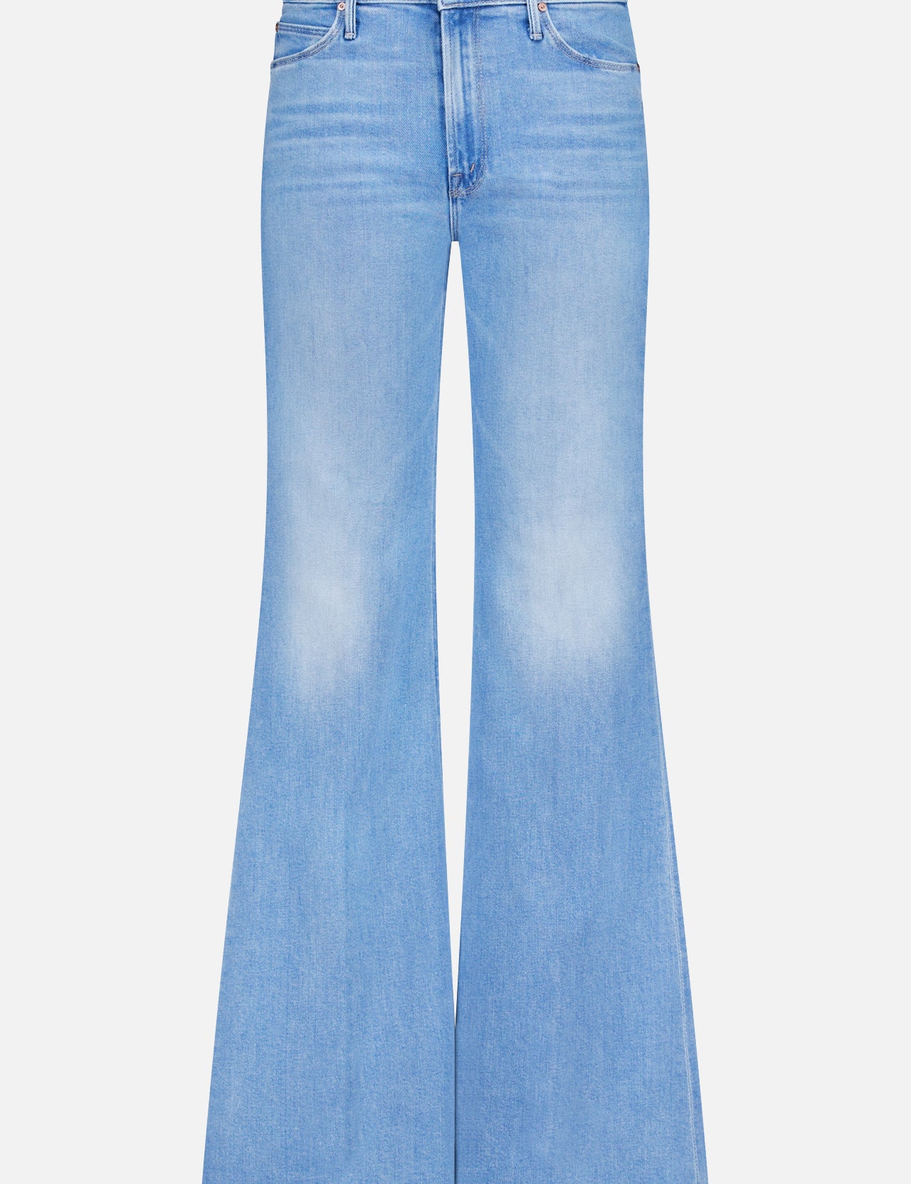 The Doozy Jean in Room Service by MOTHER features a light blue wash, high-waisted fit, flared wide leg, faded thighs, classic five-pocket design, and a button-and-zip closure inspired by vintage style.
