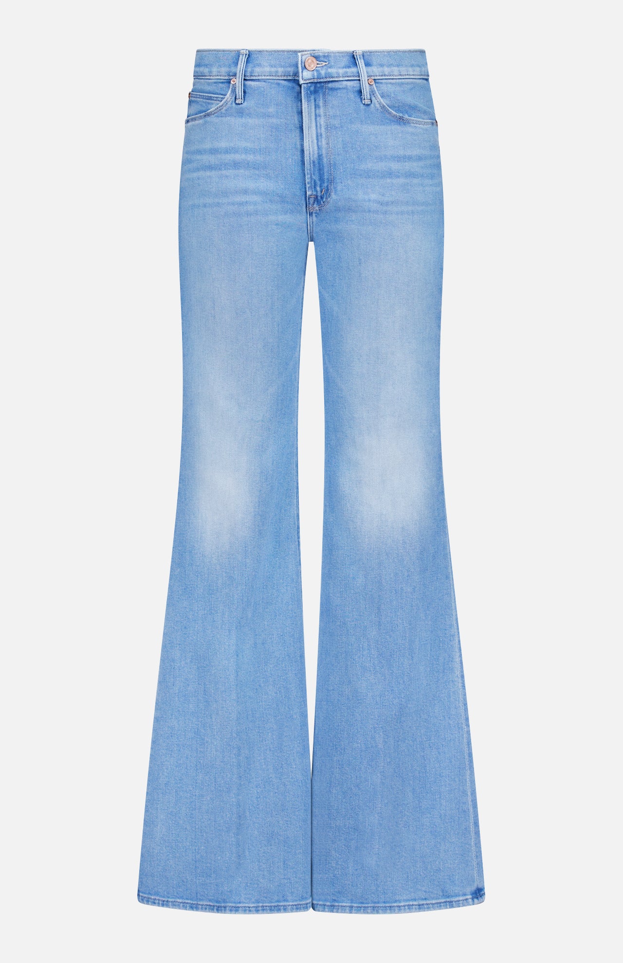 The Doozy Jean in Room Service by MOTHER features a light blue wash, high-waisted fit, flared wide leg, faded thighs, classic five-pocket design, and a button-and-zip closure inspired by vintage style.