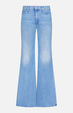 The Doozy Jean in Room Service by MOTHER features a light blue wash, high-waisted fit, flared wide leg, faded thighs, classic five-pocket design, and a button-and-zip closure inspired by vintage style.