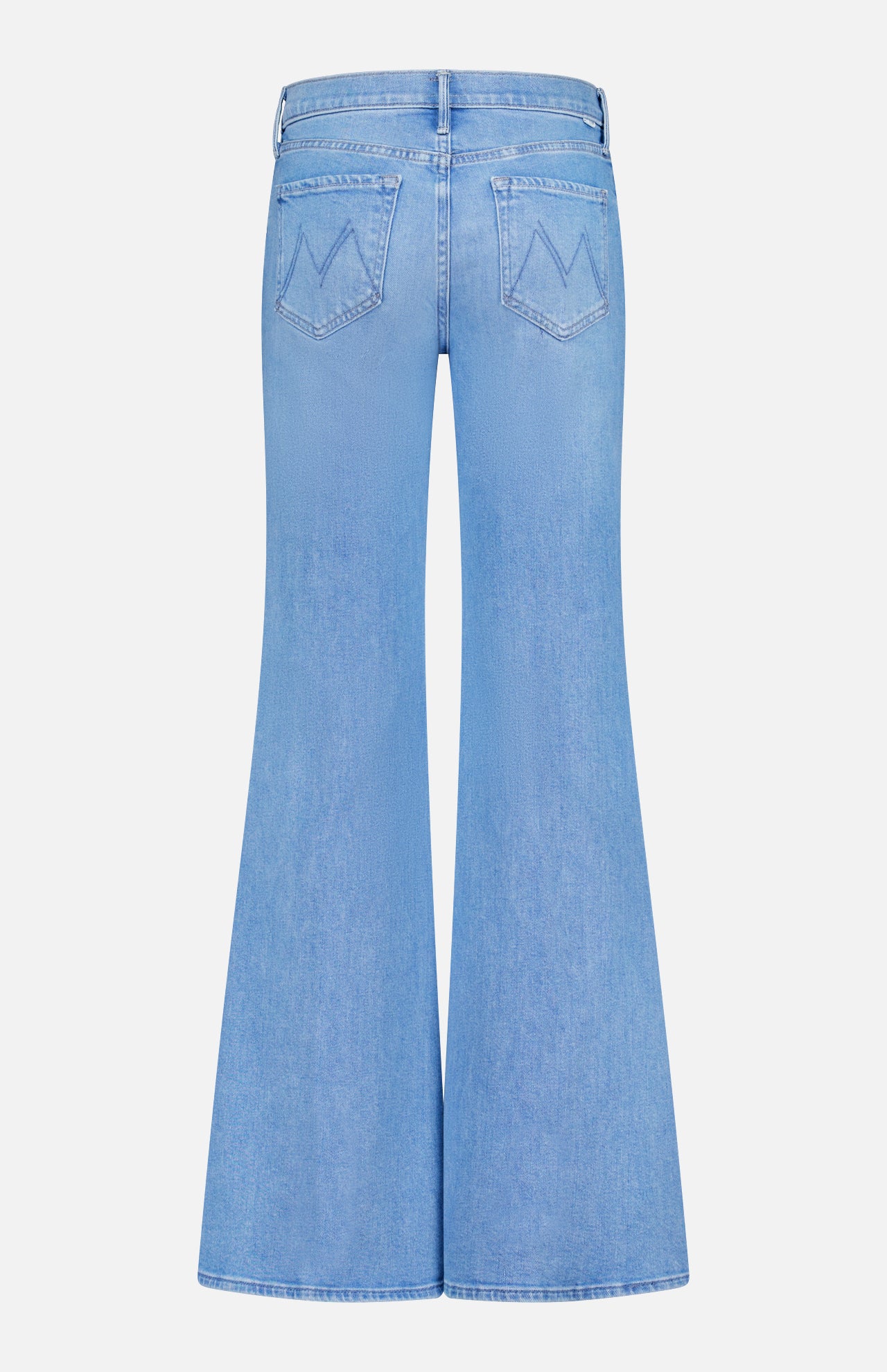 The Doozy Jean in Room Service by MOTHER is a light blue, high-waisted vintage-inspired denim with two back pockets featuring stitched details and wide bell-bottom legs, shown from the back.