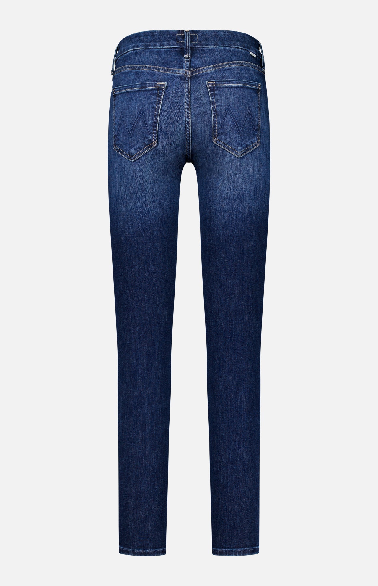 Back view of Mother The Down Low Looker Hover Jeans in Backstage, featuring low-rise, dark blue stretch denim with straight legs and two back pockets.