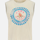 The Flirt Squad Tank Top by MOTHER features an off-white crew neck, a colorful blue and pink circular chest design with "CAMP MOTHER" text, plus two crossed sticks and a campfire illustration.