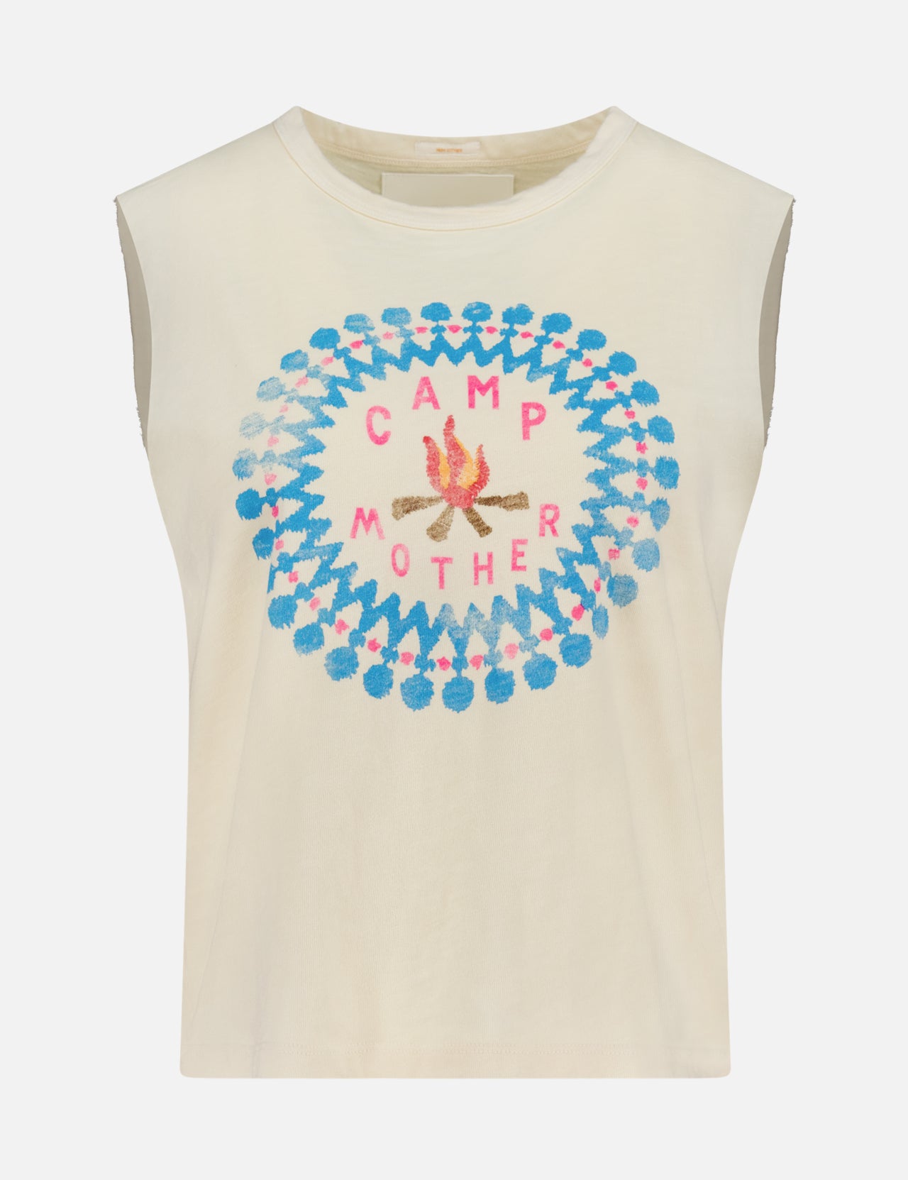 The Flirt Squad Tank Top by MOTHER features an off-white crew neck, a colorful blue and pink circular chest design with "CAMP MOTHER" text, plus two crossed sticks and a campfire illustration.