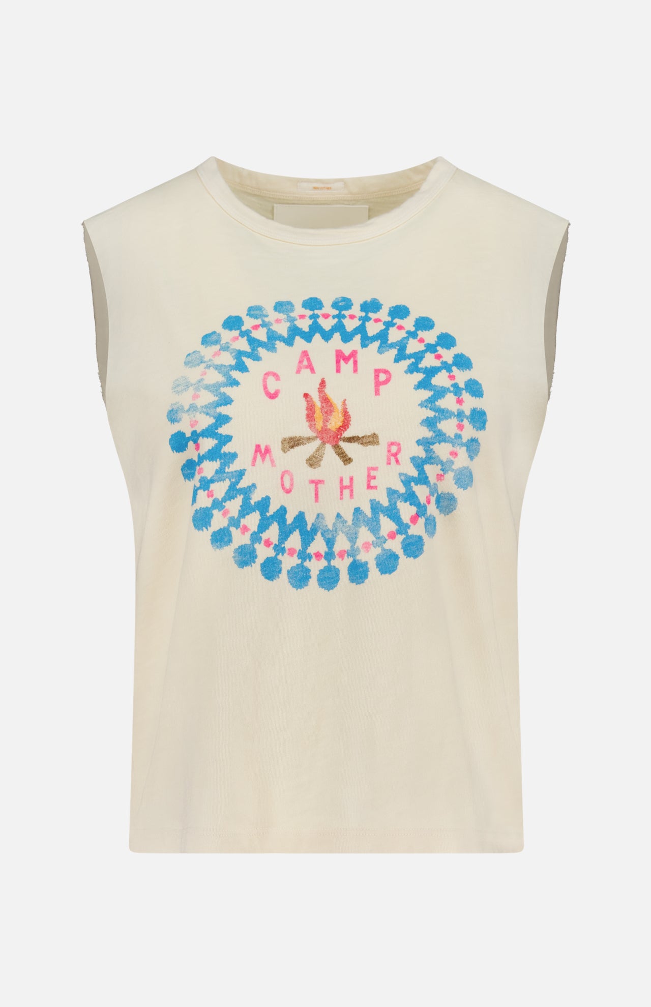 The Flirt Squad Tank Top by MOTHER features an off-white crew neck, a colorful blue and pink circular chest design with "CAMP MOTHER" text, plus two crossed sticks and a campfire illustration.
