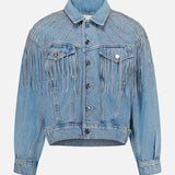 Add a touch of sparkle to any outfit with the MOTHER Rhinestone Fringe Fly Away Jacket. This standout party piece features light blue denim, silver rhinestone fringe on the front, shoulders, and back yoke, a button-up front, chest pockets, and a slightly cropped fit.