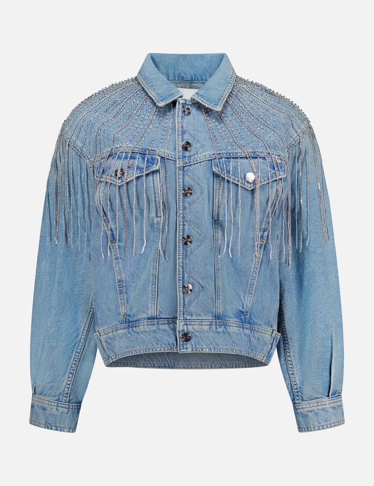 Add a touch of sparkle to any outfit with the MOTHER Rhinestone Fringe Fly Away Jacket. This standout party piece features light blue denim, silver rhinestone fringe on the front, shoulders, and back yoke, a button-up front, chest pockets, and a slightly cropped fit.
