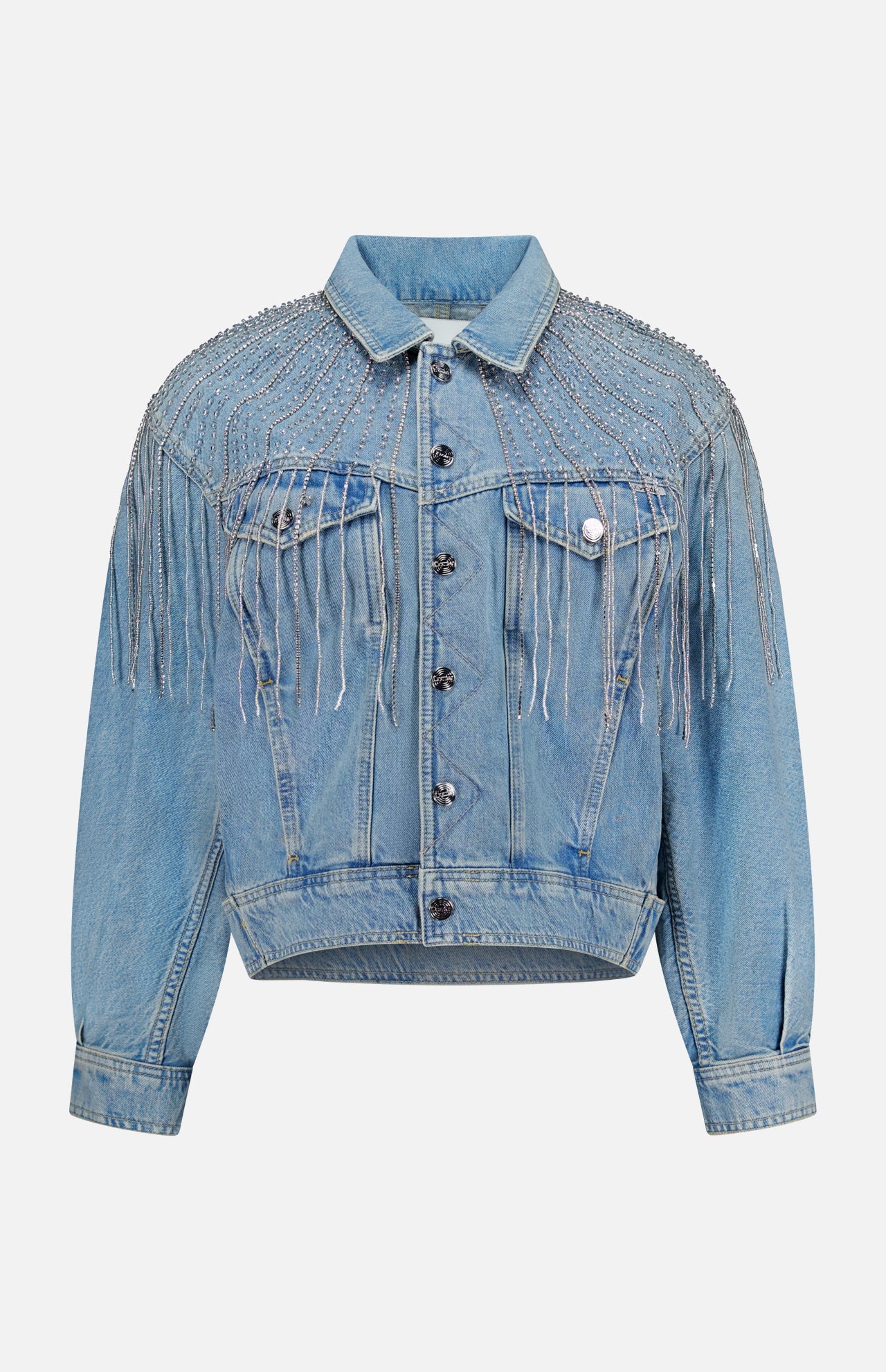 Add a touch of sparkle to any outfit with the MOTHER Rhinestone Fringe Fly Away Jacket. This standout party piece features light blue denim, silver rhinestone fringe on the front, shoulders, and back yoke, a button-up front, chest pockets, and a slightly cropped fit.