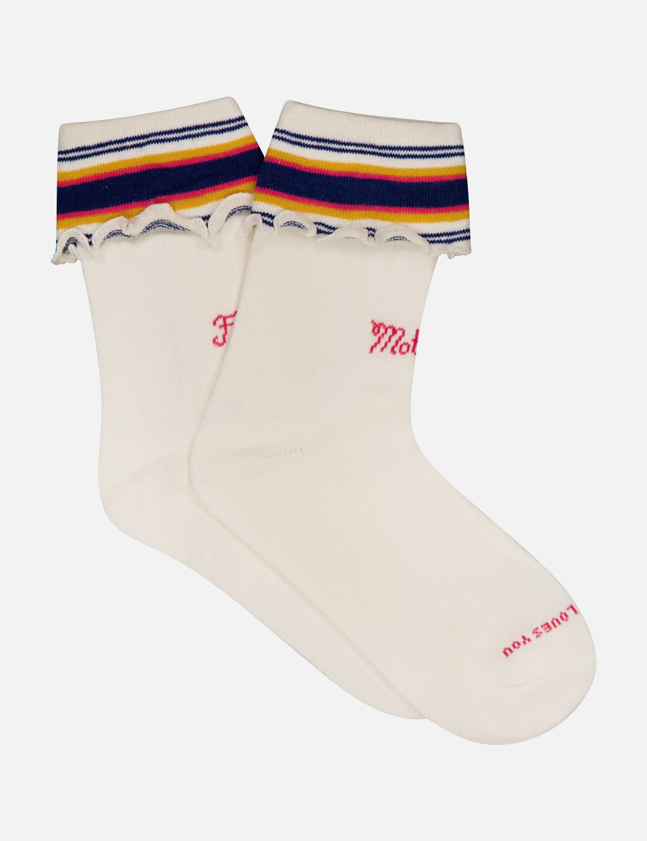 The Fold Please Socks by MOTHER are cream ankle-length embroidered socks with ruffled tops featuring blue, yellow, and red stripes. Pink text on the sides and soles reads "Mother" and "Loves You.