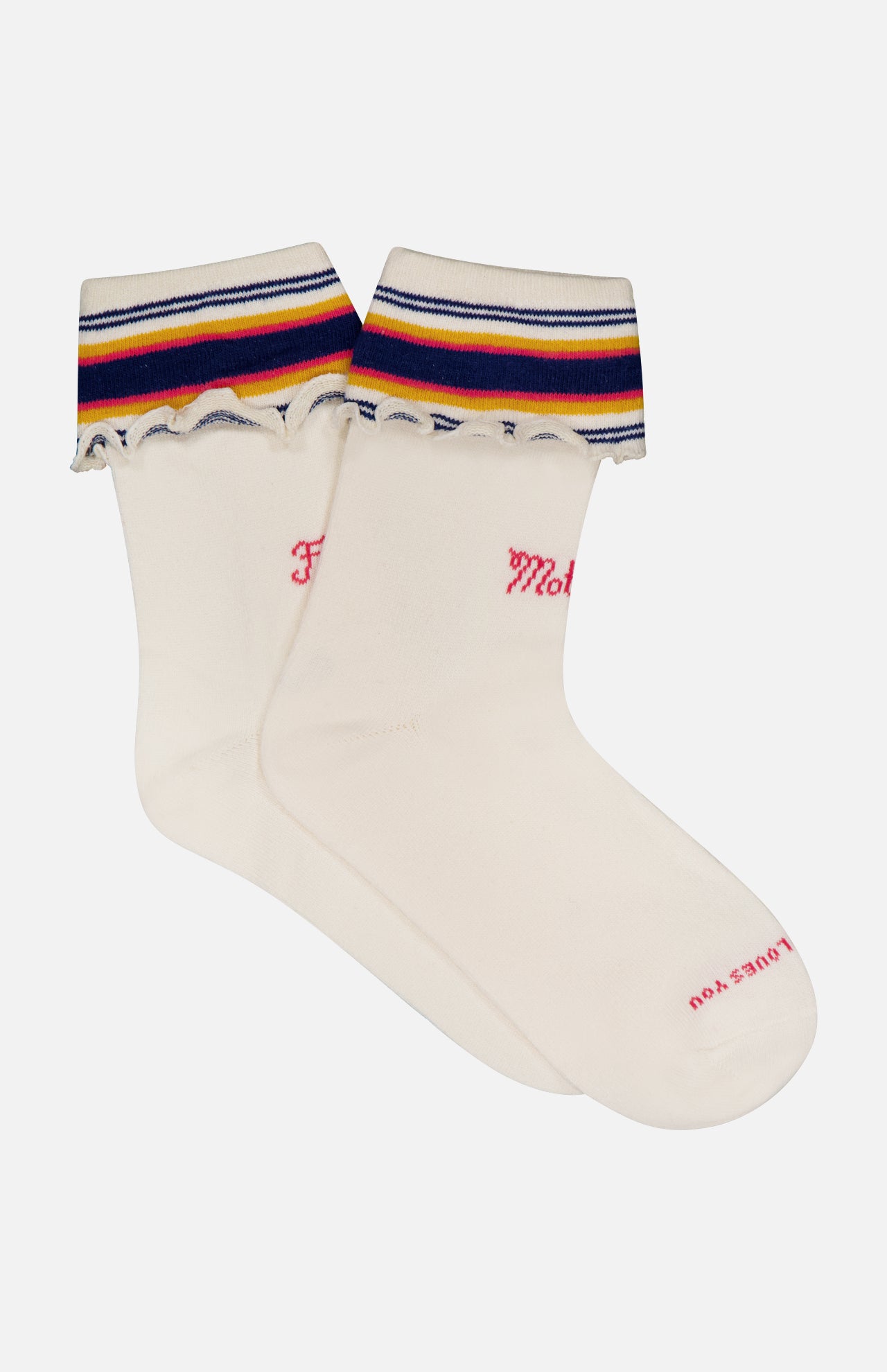 The Fold Please Socks by MOTHER are cream ankle-length embroidered socks with ruffled tops featuring blue, yellow, and red stripes. Pink text on the sides and soles reads "Mother" and "Loves You.