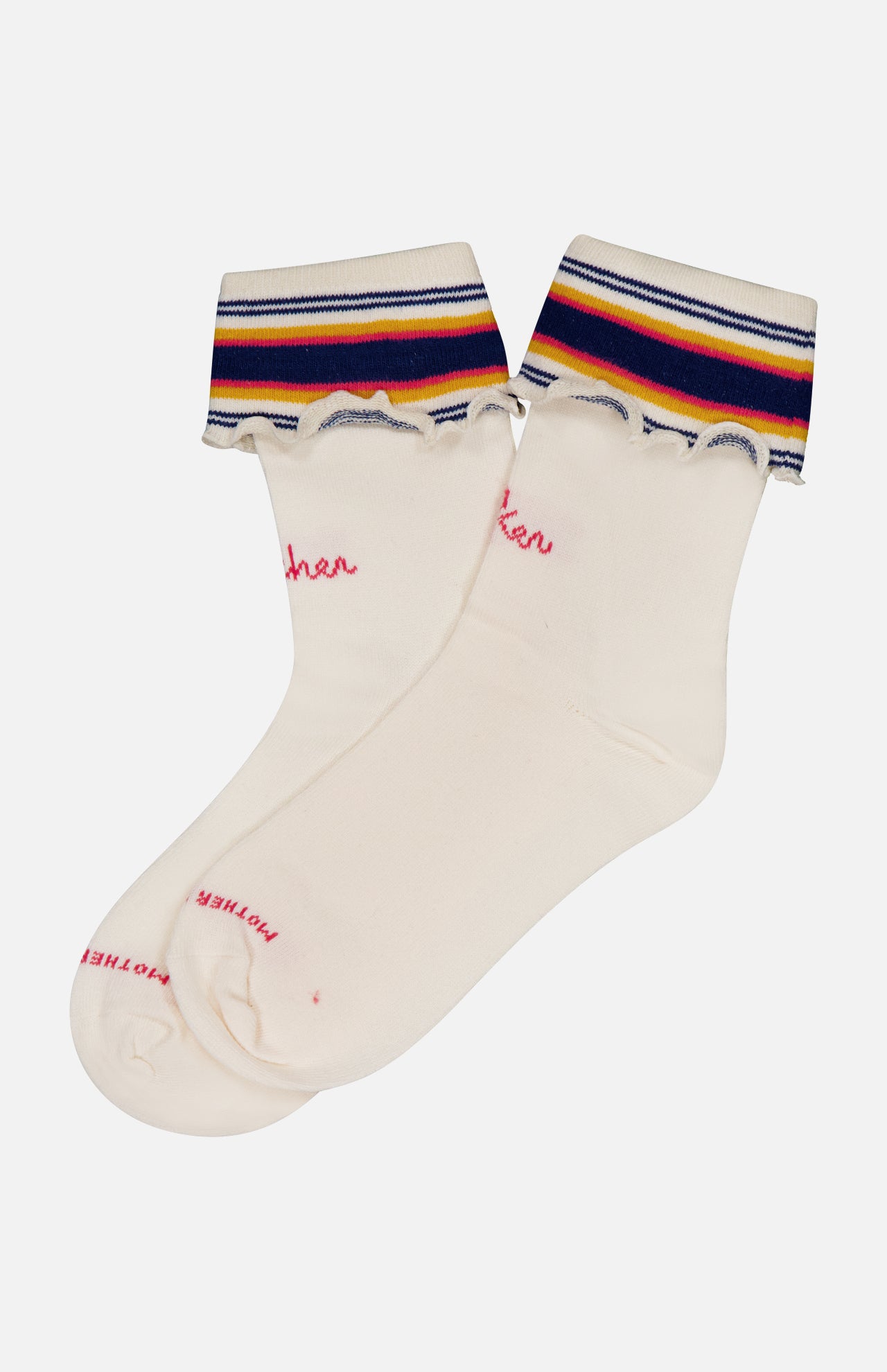 The Fold Please Socks by MOTHER are white ankle-length tube socks with ruffled tops, horizontal navy, yellow, red, and white stripes, and pink embroidered writing—perfect for adding a playful touch to any outfit.