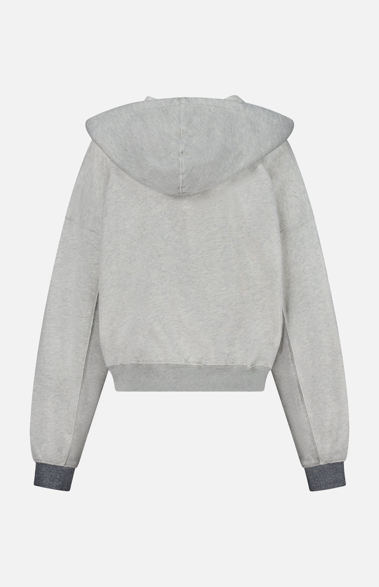 Back view of The Half Base Hoodie Sweatshirt by MOTHER, a light grey, fleece-lined cotton hoodie with long sleeves and dark gray ribbed cuffs, displayed against a plain white background.