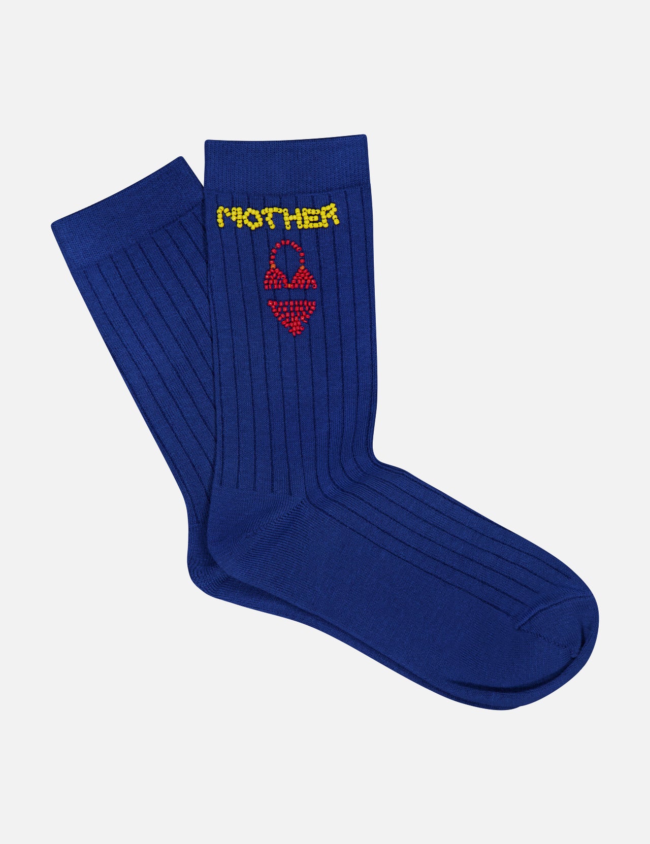 The Half Step Beaded Socks by MOTHER are blue ribbed statement socks featuring “MOTHER” in yellow and a red handbag design—perfect for adding fun to your summer sock collection.