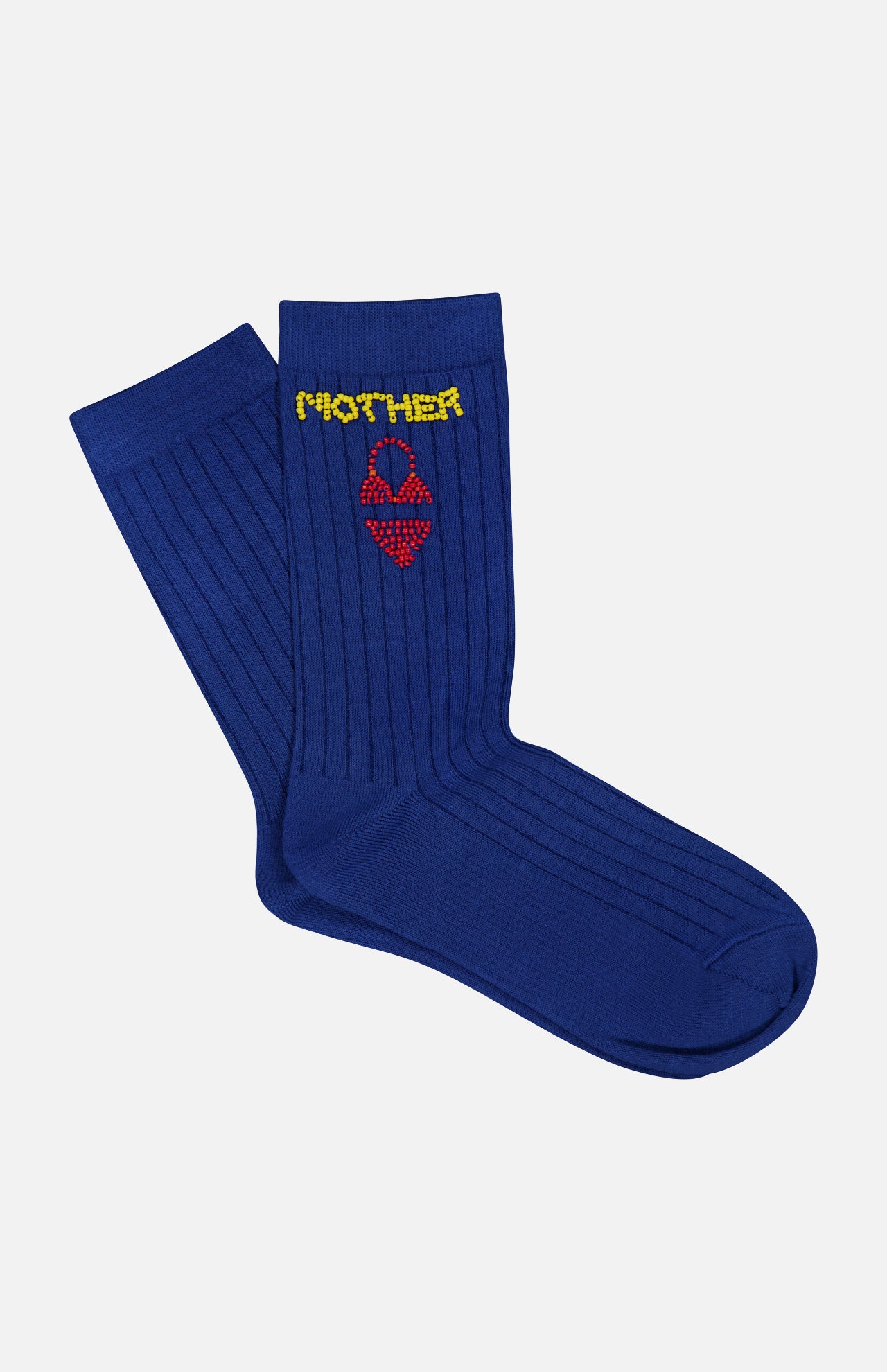 The Half Step Beaded Socks by MOTHER are blue ribbed statement socks featuring “MOTHER” in yellow and a red handbag design—perfect for adding fun to your summer sock collection.