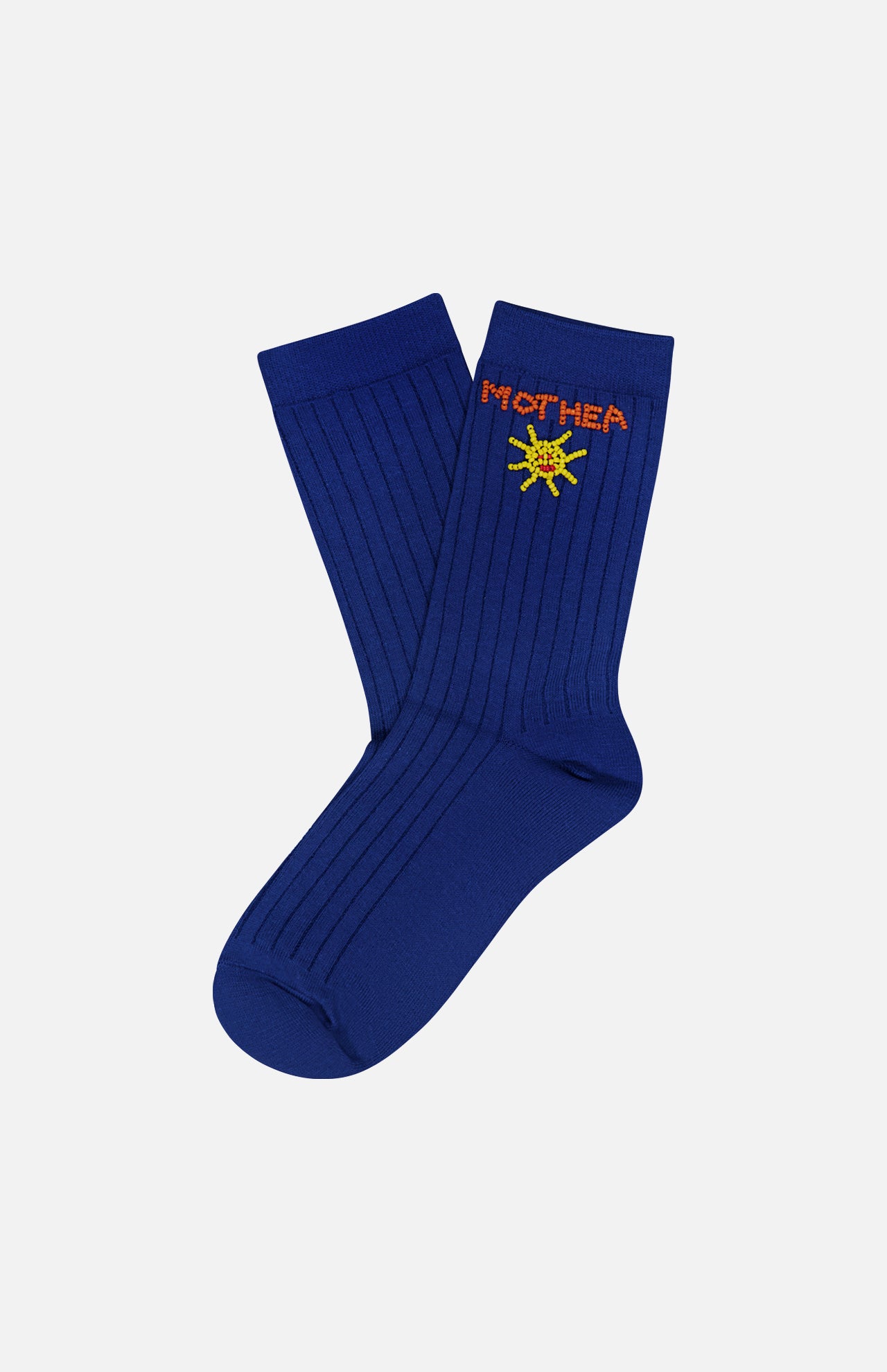 The Half Step Beaded Socks by MOTHER are blue, crew-length summer socks with ribbing and a yellow sun embroidered near the top—perfect statement socks for bright, sunny days.