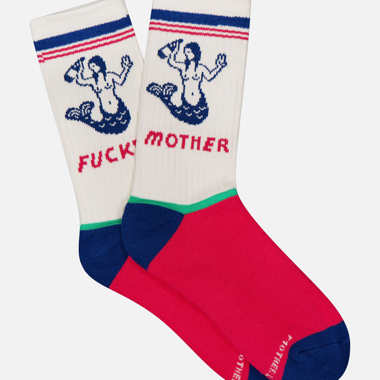 Step up your style with The Half-Calf Mermaid Socks by MOTHER, featuring a bold mermaid graphic holding bottles labeled "FUCK" and "MOTHER," plus red soles, blue toes and heels, and green accents on multicolored tube socks.
