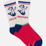 Step up your style with The Half-Calf Mermaid Socks by MOTHER, featuring a bold mermaid graphic holding bottles labeled "FUCK" and "MOTHER," plus red soles, blue toes and heels, and green accents on multicolored tube socks.