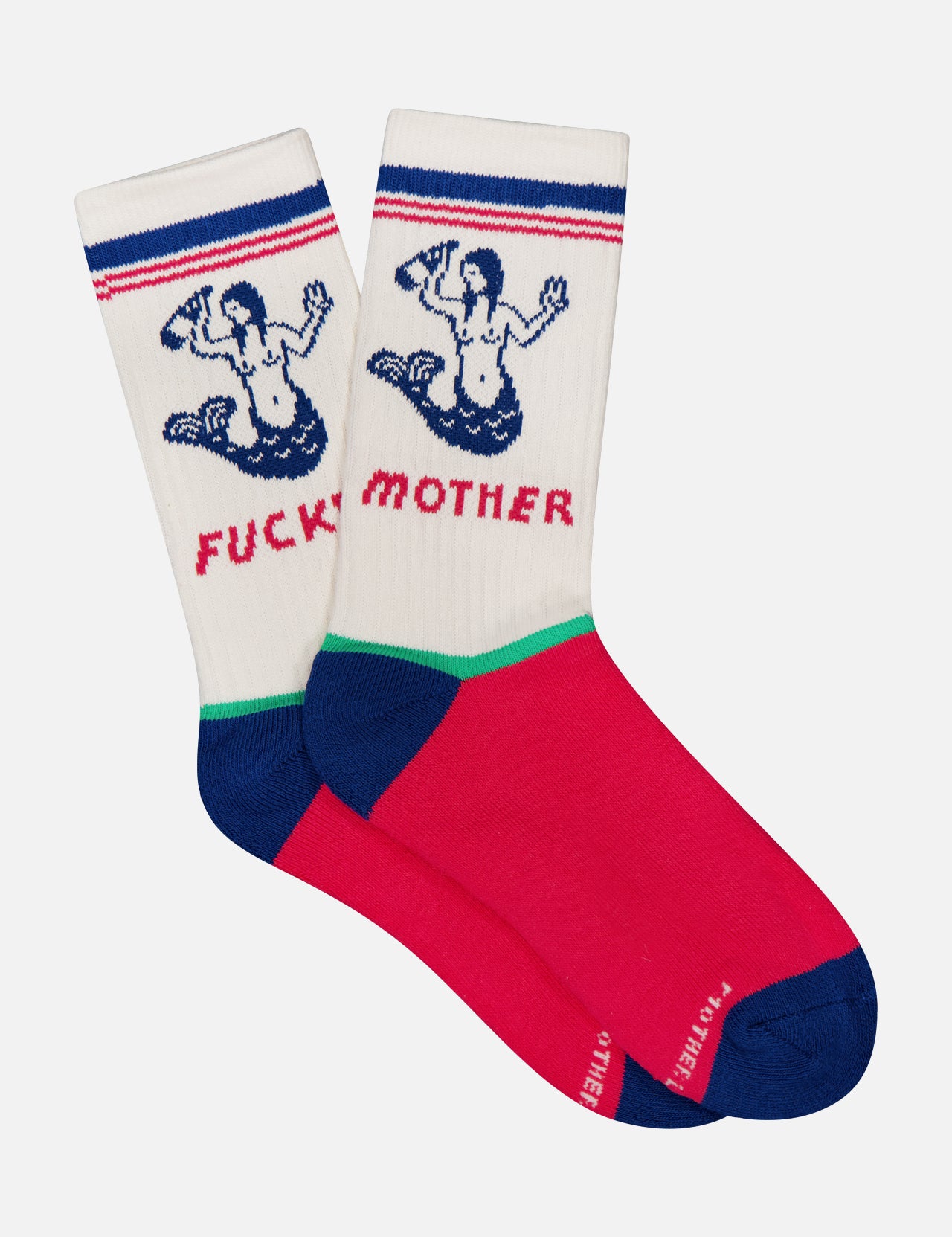 Step up your style with The Half-Calf Mermaid Socks by MOTHER, featuring a bold mermaid graphic holding bottles labeled "FUCK" and "MOTHER," plus red soles, blue toes and heels, and green accents on multicolored tube socks.