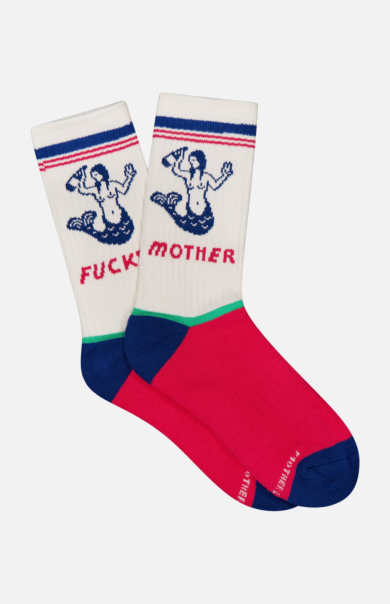 Step up your style with The Half-Calf Mermaid Socks by MOTHER, featuring a bold mermaid graphic holding bottles labeled "FUCK" and "MOTHER," plus red soles, blue toes and heels, and green accents on multicolored tube socks.