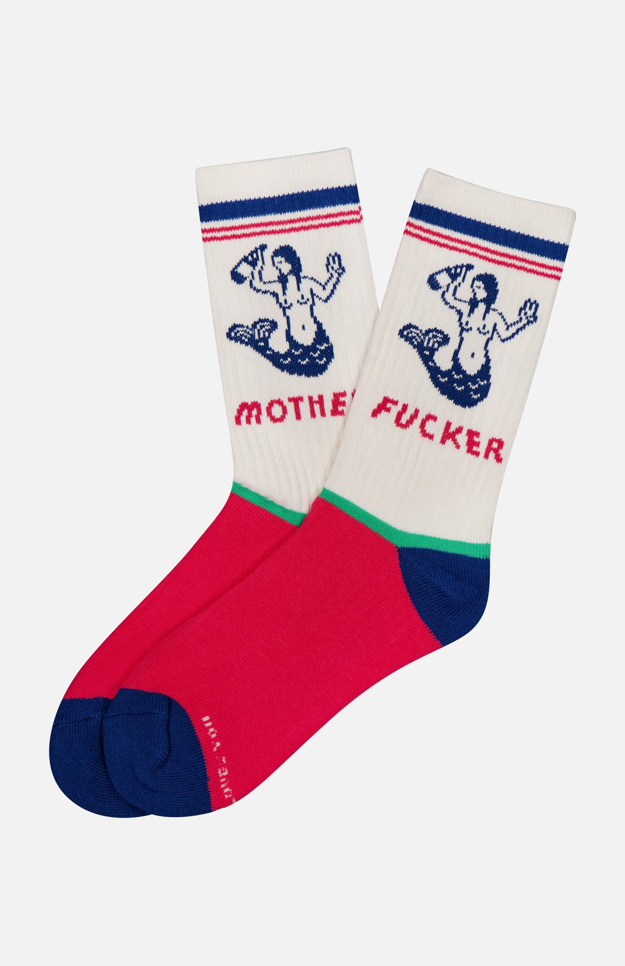 The Half-Calf Mermaid Socks by MOTHER feature red soles, blue toes and heels, white uppers with a topless mermaid graphic, bold "MOTHER FUCKER" text in red, and blue/red stripes—quirky multicolored tube socks with attitude.