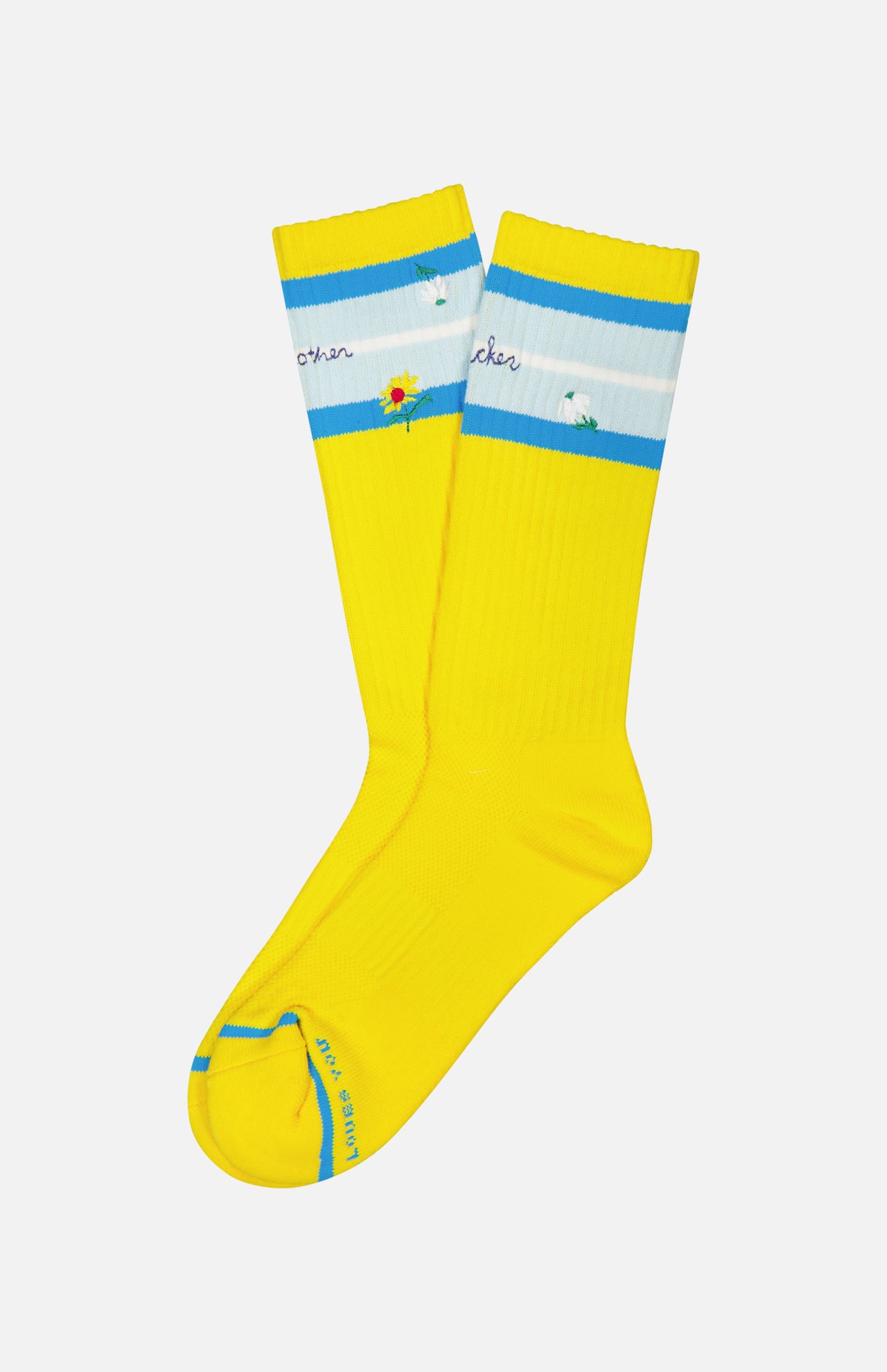MOTHER’s The Half-Calf Socks are bright yellow crew socks in organic cotton, with white and blue top stripes, embroidered flowers and text, plus a contrasting green toe detail.
