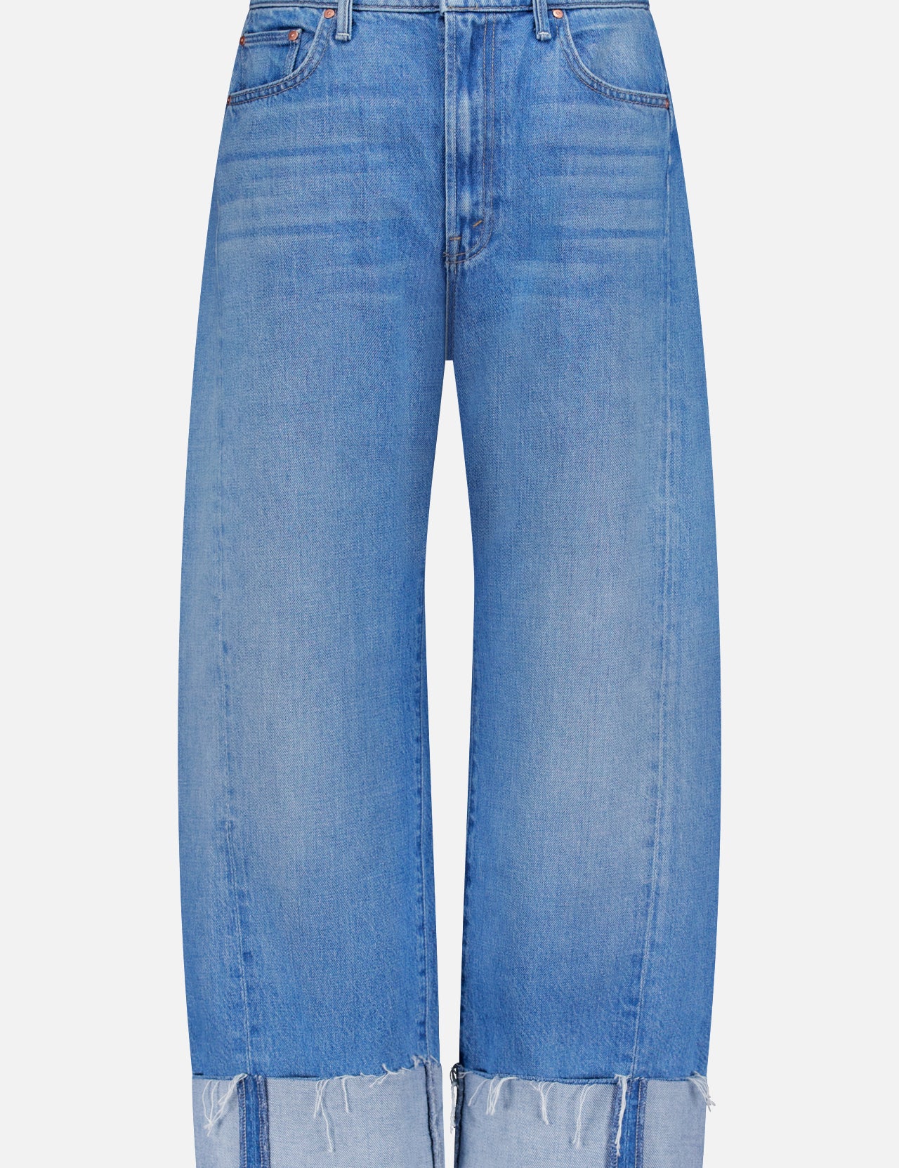 The Half-Pipe Ankle Cuff Fray Jean in Last Bite by MOTHER features wide curved legs, vintage blue denim, a high waist, front and back pockets, large frayed cuffs, faded wash, and visible seams for standout style.