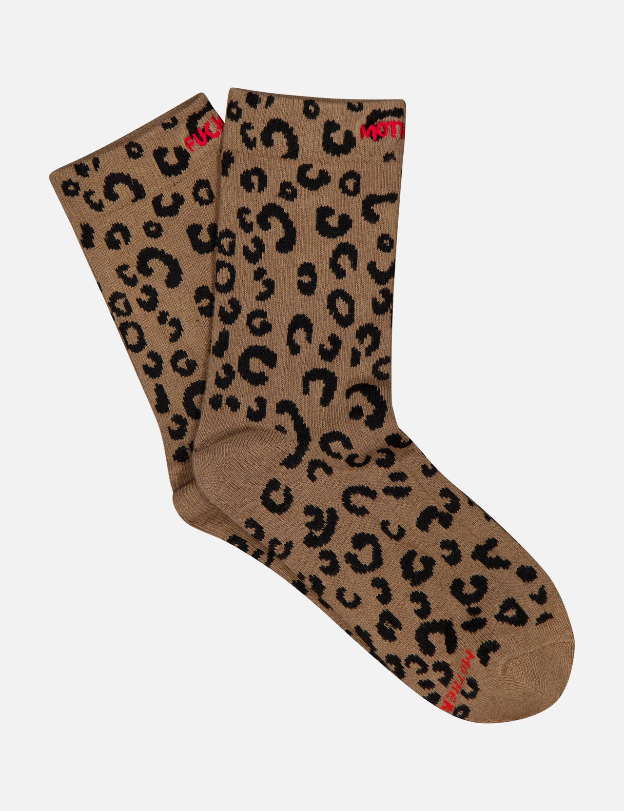 Introducing The Half-Step Cheetah Socks by MOTHER—a pair of brown crew socks featuring a striking black cheetah print and subtle red text accents near the top and toe. Displayed on a crisp white background, these statement socks are perfect for anyone looking to elevate their style.