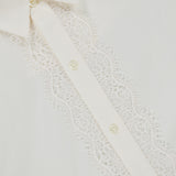 Close-up of MOTHER’s The Headup Honey Shirt, a white, western-inspired design showcasing a vertical panel of intricate lace trim along the button line, with pearl-like buttons and the delicate texture of the fabric visible.