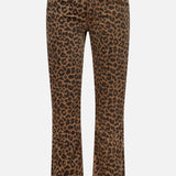 The Hustler Flood Pant in Leap Year by MOTHER features a high-rise, flare silhouette crafted from stretch corduroy, showcasing a bold brown and black leopard print with both front and back pockets, displayed against a plain white background.