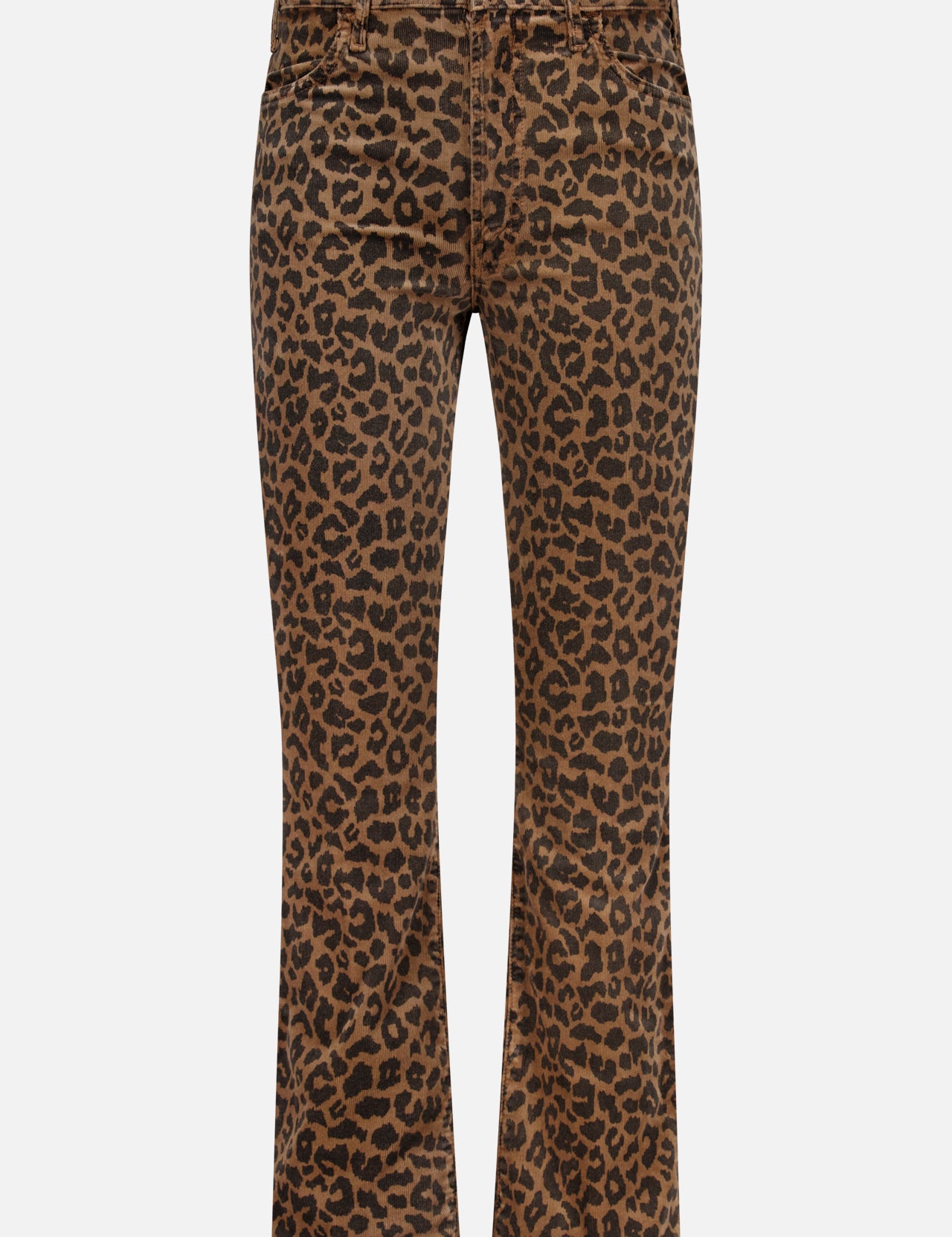 The Hustler Flood Pant in Leap Year by MOTHER features a high-rise, flare silhouette crafted from stretch corduroy, showcasing a bold brown and black leopard print with both front and back pockets, displayed against a plain white background.
