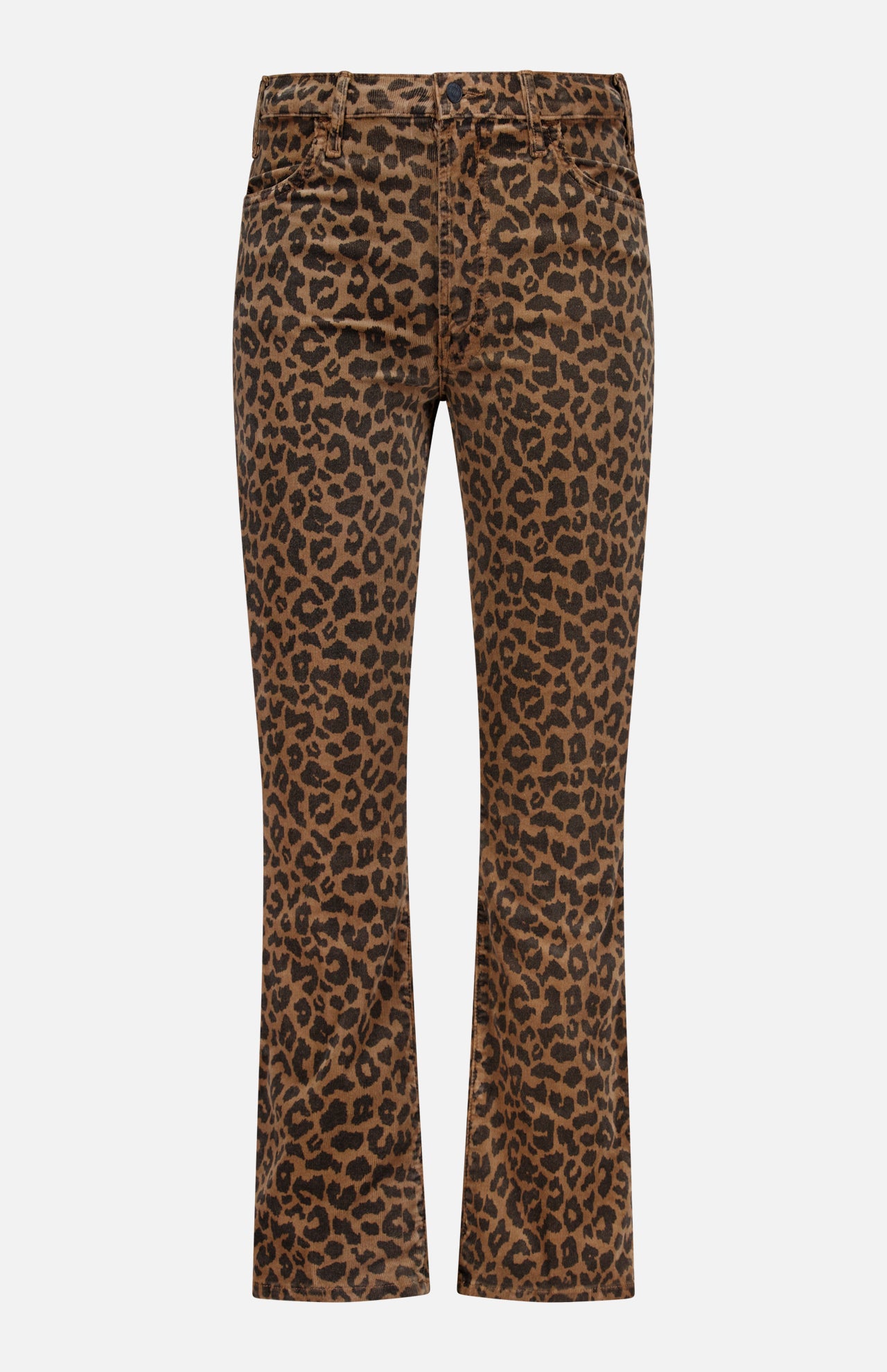The Hustler Flood Pant in Leap Year by MOTHER features a high-rise, flare silhouette crafted from stretch corduroy, showcasing a bold brown and black leopard print with both front and back pockets, displayed against a plain white background.