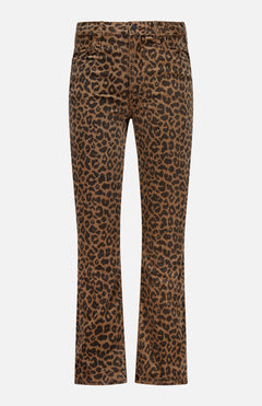 The Hustler Flood Pant in Leap Year by MOTHER features a high-rise, flare silhouette crafted from stretch corduroy, showcasing a bold brown and black leopard print with both front and back pockets, displayed against a plain white background.