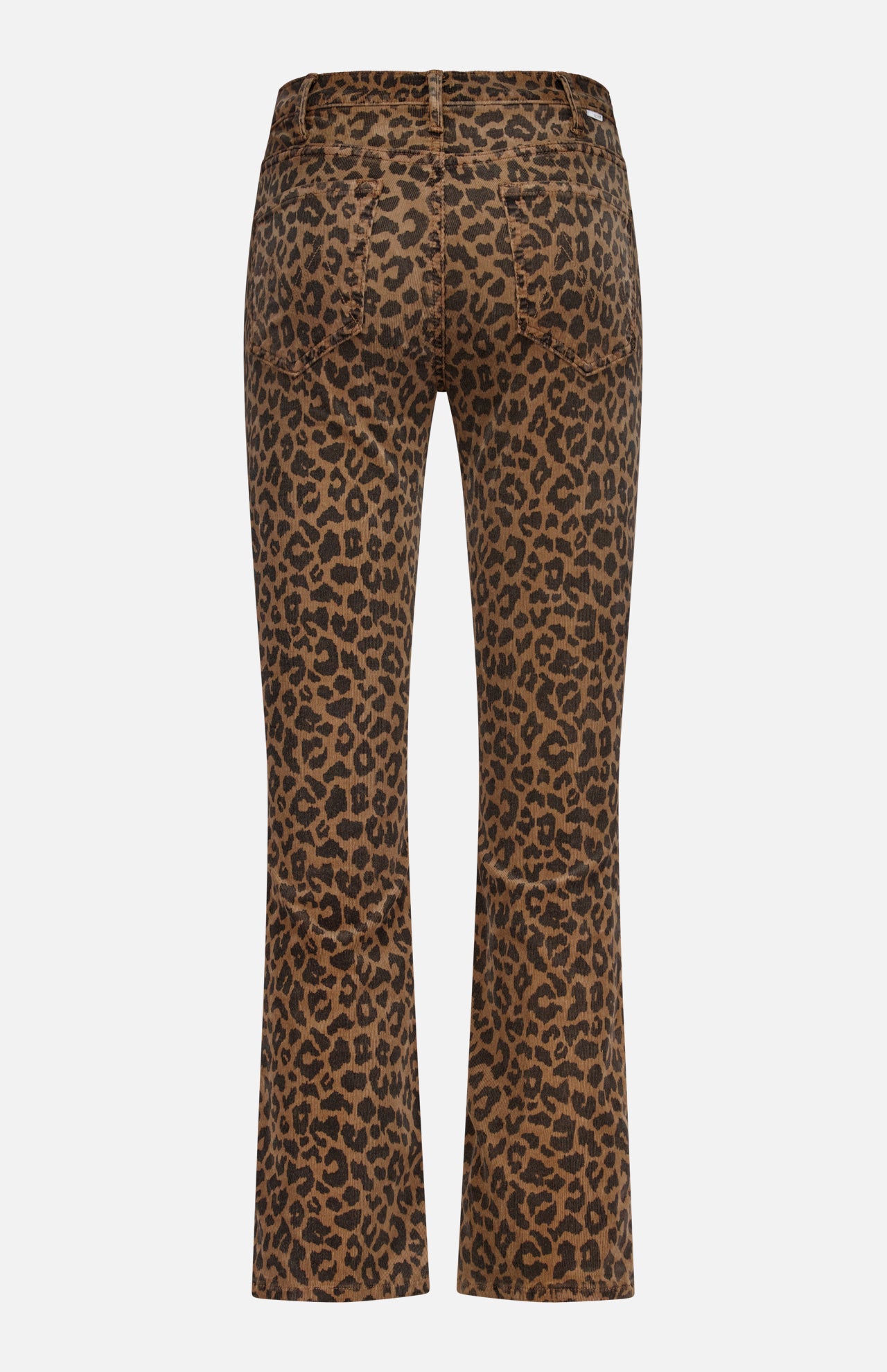 The Hustler Flood Pant in Leap Year by MOTHER showcases a bold brown leopard print, viewed from the back with two back pockets, belt loops, and a straight leg cut. Crafted from stretch corduroy, these stylish pants offer both comfort and standout appeal.