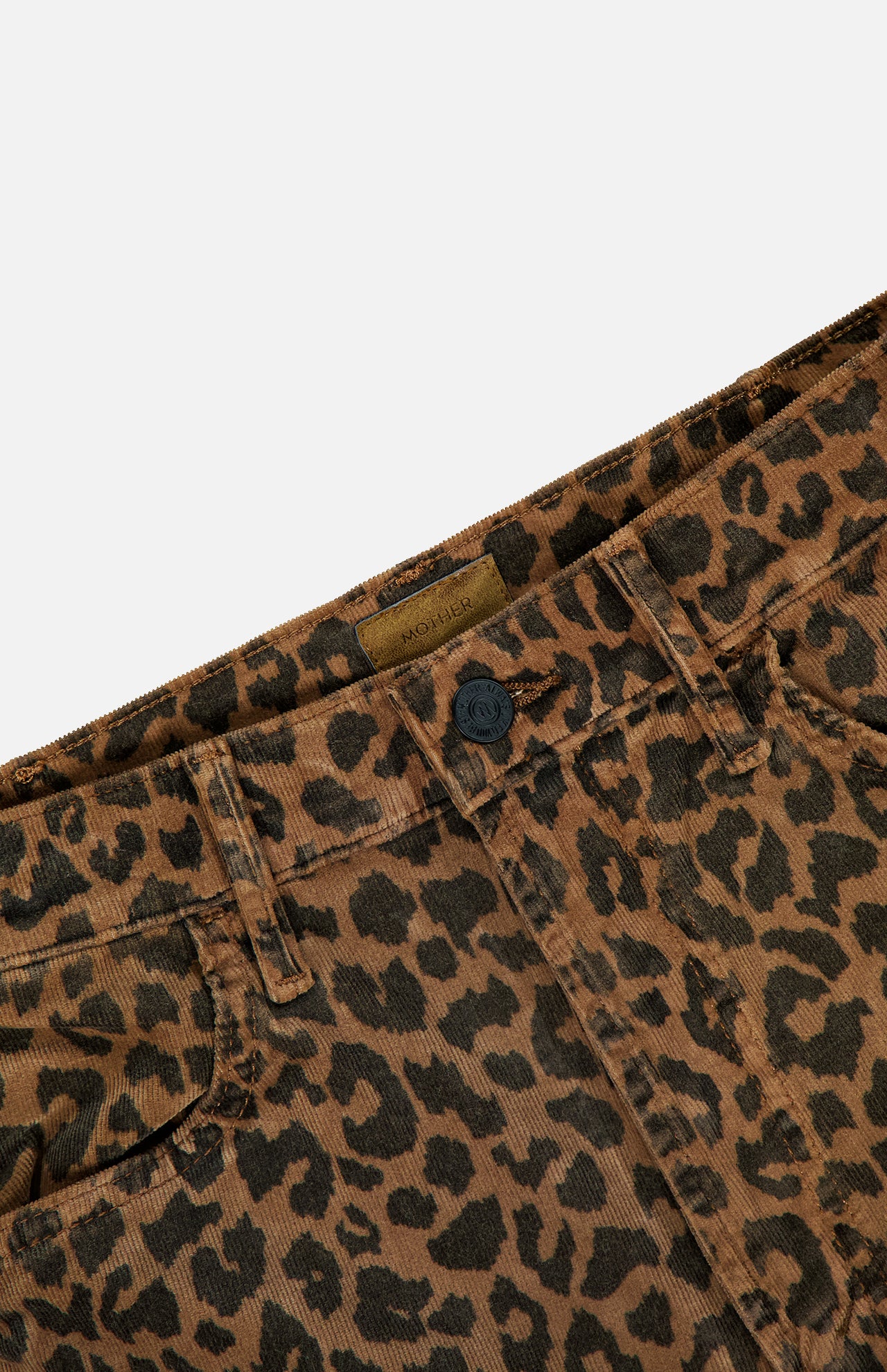 Close-up of The Hustler Flood Pant in Leap Year by MOTHER, featuring high-rise flare silhouette in stretch corduroy with leopard print, showcasing the waistband, front button, belt loops, and part of the front pockets against a white background.