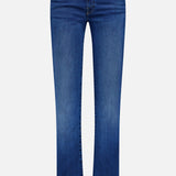The Insider Skimp Jean in Taking Chances by MOTHER features blue stretch denim, vintage styling, a classic straight-leg cut, five pockets, belt loops, and a button waist closure—all shown against a white background.