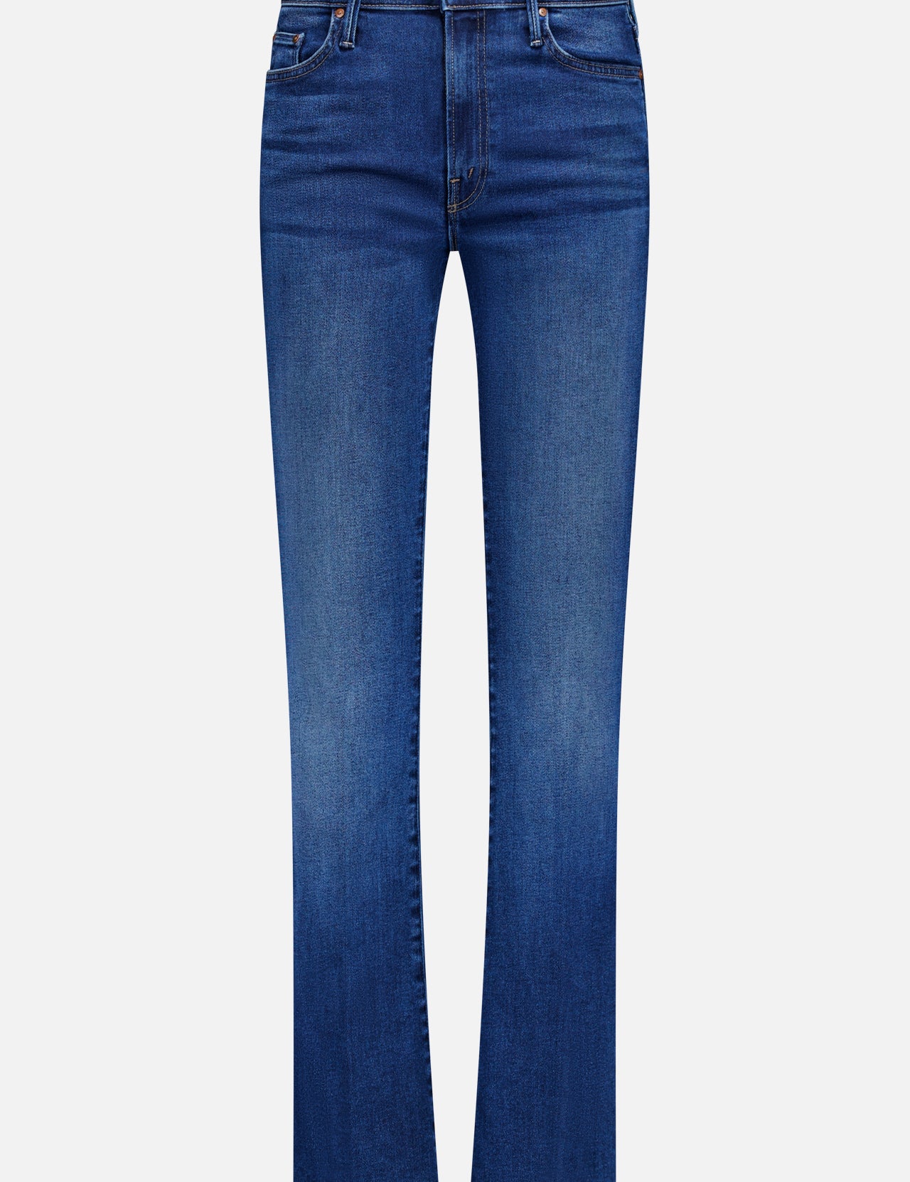 The Insider Skimp Jean in Taking Chances by MOTHER features blue stretch denim, vintage styling, a classic straight-leg cut, five pockets, belt loops, and a button waist closure—all shown against a white background.
