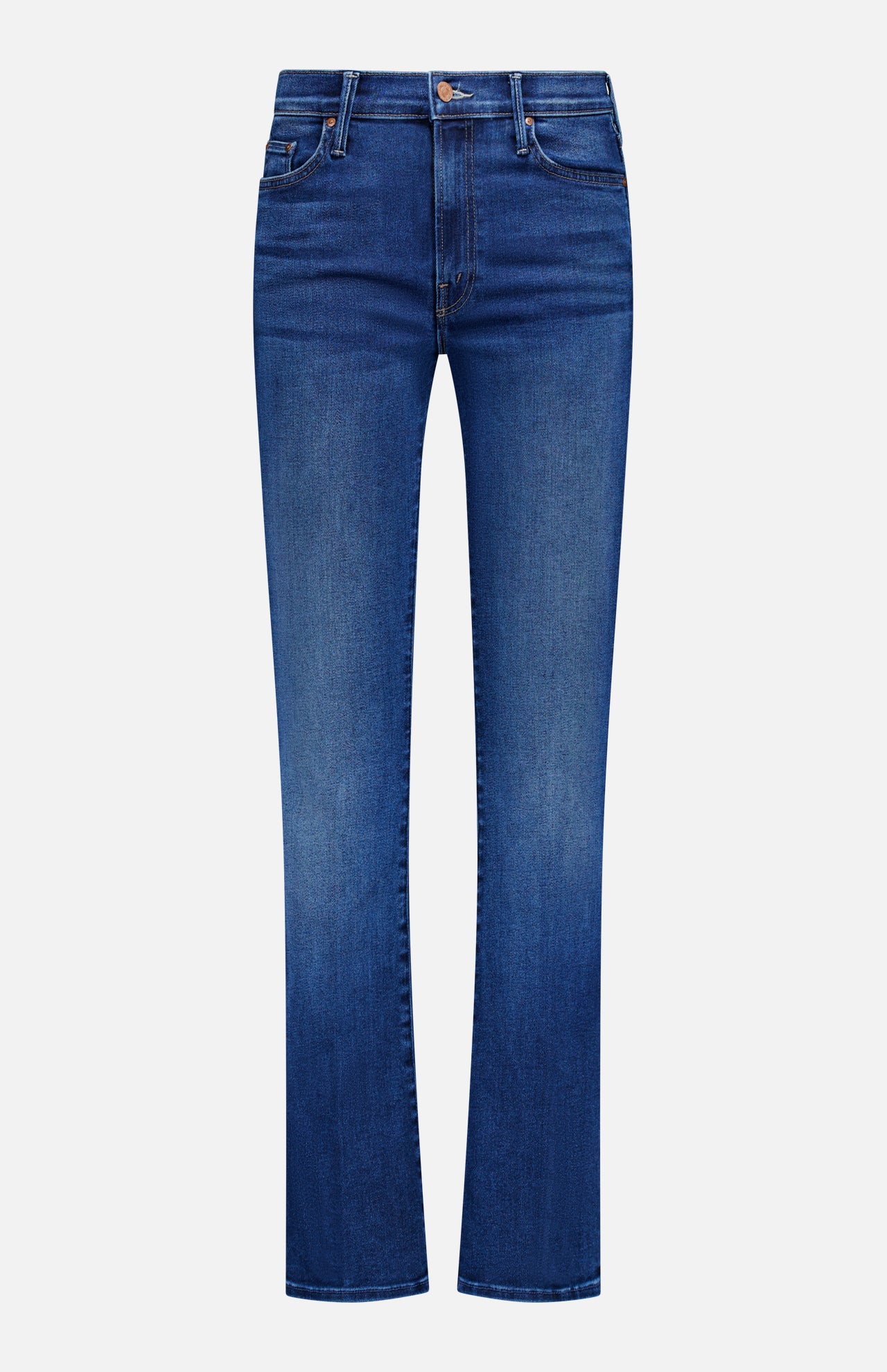 The Insider Skimp Jean in Taking Chances by MOTHER features blue stretch denim, vintage styling, a classic straight-leg cut, five pockets, belt loops, and a button waist closure—all shown against a white background.