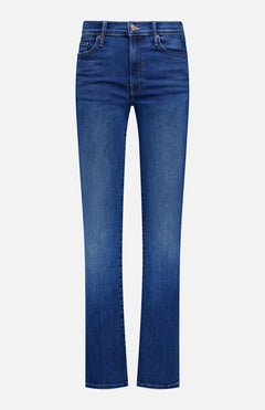 The Insider Skimp Jean in Taking Chances by MOTHER features blue stretch denim, vintage styling, a classic straight-leg cut, five pockets, belt loops, and a button waist closure—all shown against a white background.