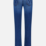 Back view of The Insider Skimp Jean in Taking Chances by MOTHER; high-waisted blue stretch denim with straight legs, two rear stitched-detail pockets, and a classic, slightly faded vintage look.
