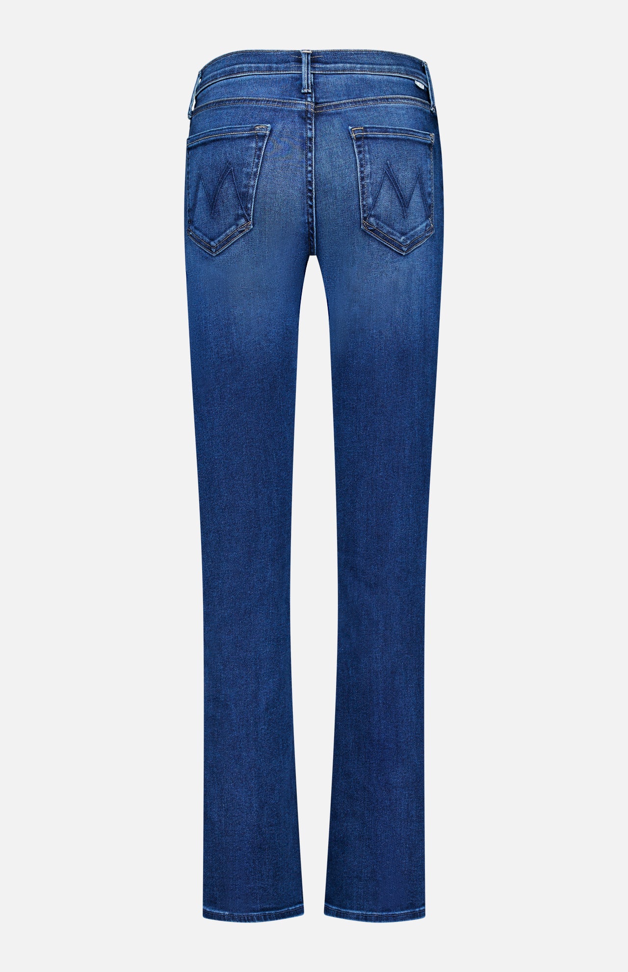 Back view of The Insider Skimp Jean in Taking Chances by MOTHER; high-waisted blue stretch denim with straight legs, two rear stitched-detail pockets, and a classic, slightly faded vintage look.