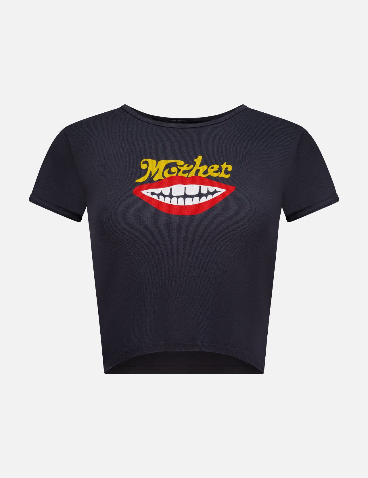 Introducing The Itty Bitty Ringer T-shirt by MOTHER—a stylish black shrunken crew neck tee with short sleeves and a cropped hem. This eco-friendly top is crafted from recycled cotton and features a bold graphic of red lips with white teeth, topped with the word "MOTHER" in yellow text above the lips.