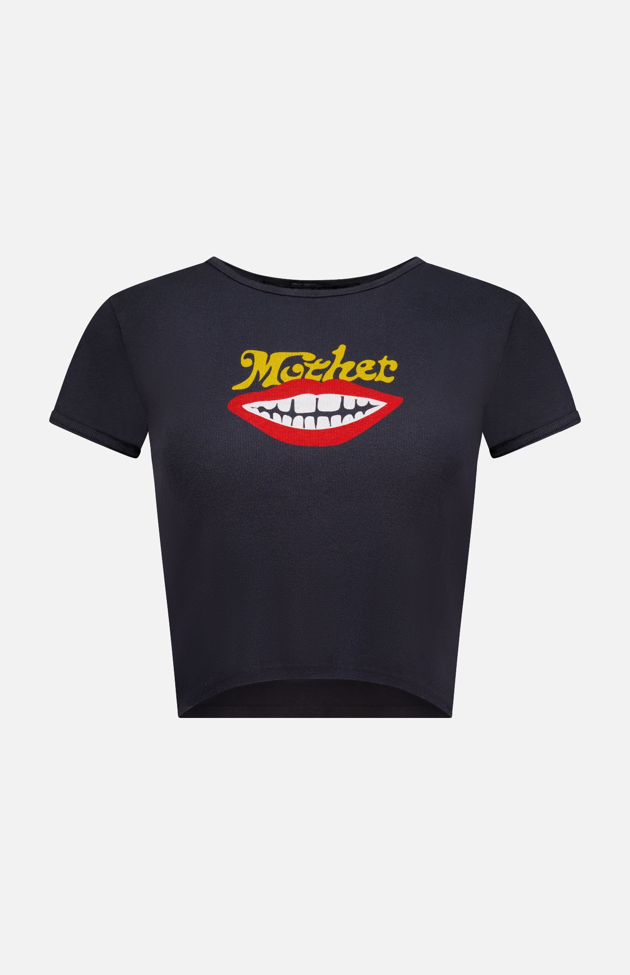 Introducing The Itty Bitty Ringer T-shirt by MOTHER—a stylish black shrunken crew neck tee with short sleeves and a cropped hem. This eco-friendly top is crafted from recycled cotton and features a bold graphic of red lips with white teeth, topped with the word "MOTHER" in yellow text above the lips.