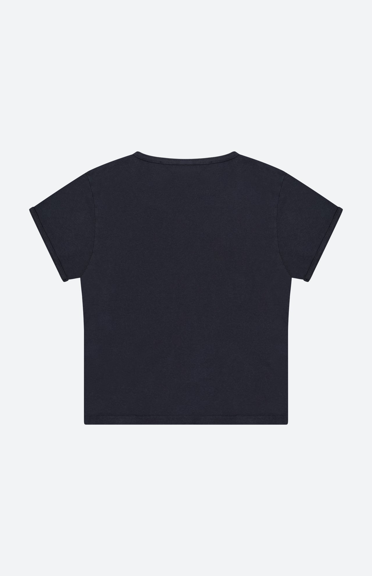 The Itty Bitty Ringer T-shirt by MOTHER is displayed laid flat with the back side facing up against a light grey background.