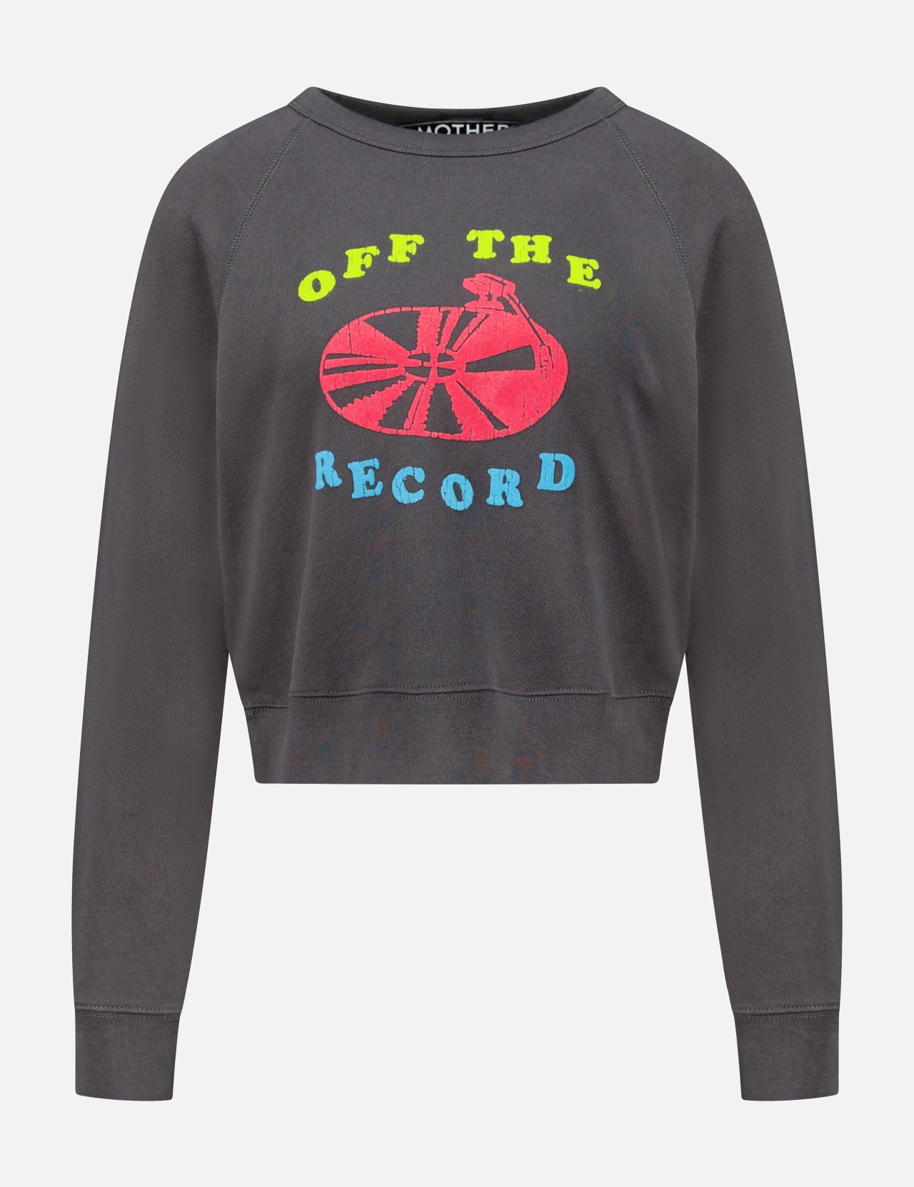 Charcoal grey Mother The Itty Concert Crewneck Sweatshirt featuring a record player graphic and the text OFF THE RECORD in yellow, red, and blue.